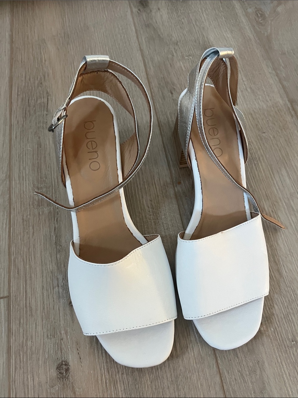 Bueno White Leather Open-Toe Heels with Metallic Ankle Strap